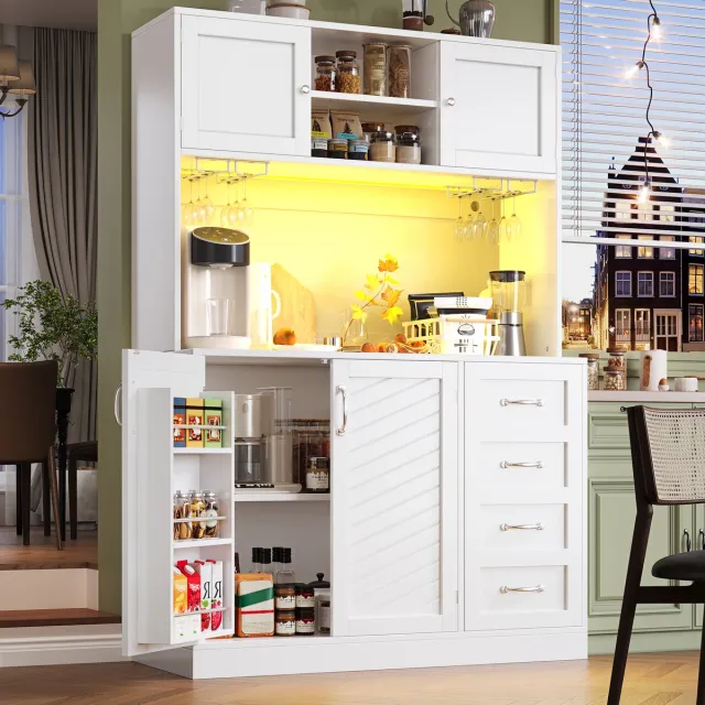 FloraGrace Buffetkast - Met Ledverlichting En 4 Deuren 2 Lades - Voor Keuken En Woonkamer - MDF - 120x40x188 Cm - Wit