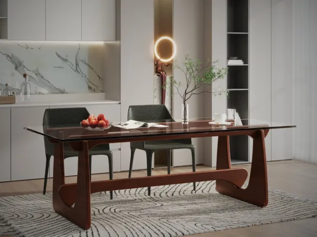 MEUBI Eettafel - Tafel - Walnoot hout - Glas - Eetkamertafel - glazen eettafel - moderne eettafel - glazen tafel