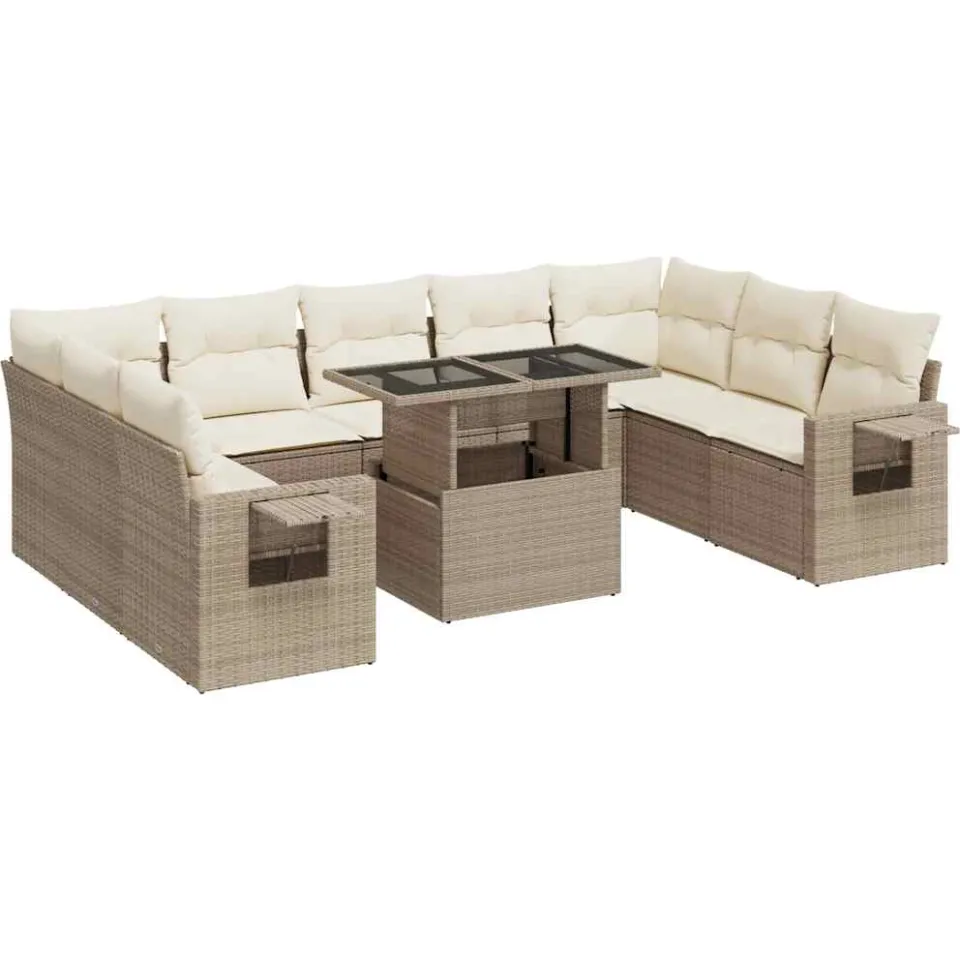vidaXL 10-delige Loungeset met kussens poly rattan beige, foto 3