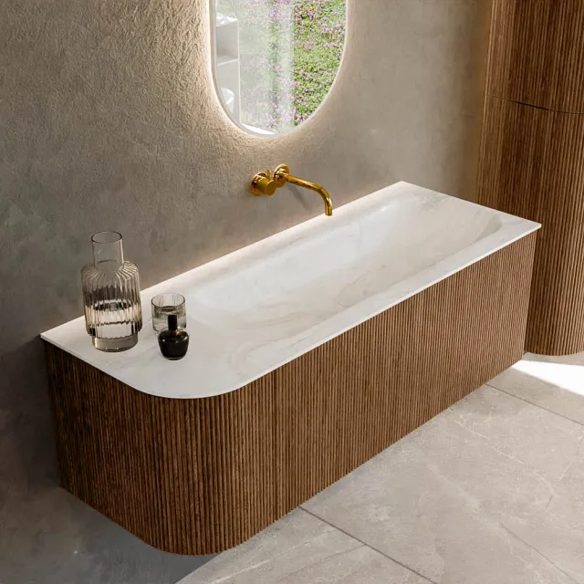 Mondiaz KURVE-DLUX 125 cm Onderkast Greeploos 1 Lade Met Deuren Walnut, Wastafel Solid Surface Rechts Ostra 0 Kraangaten Zonder Spiegel (KRVBGM125L1L1D0KR-Wal/Ost)