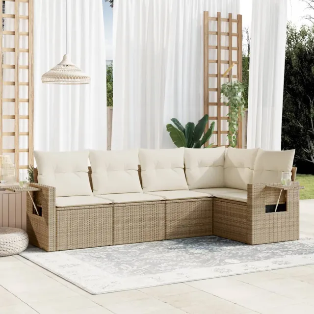 vidaXL 5-delige Loungeset met kussens poly rattan beige, foto 2