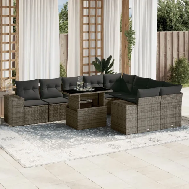 vidaXL 10-delige Loungeset met kussens poly rattan grijs, foto 2