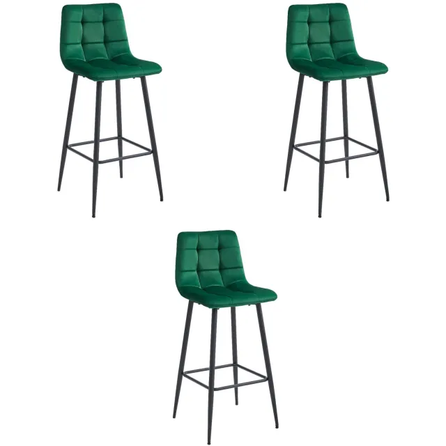LEOBERT ARCETO Barkrukken – Set van 3 – Donkergroen Velvet – Zwarte Metalen Poten – Met Rugleuning – Met Voetsteun – Modern Design – Voor Keukeneiland, Bar en Keuken – Max. 110 kg per Kruk