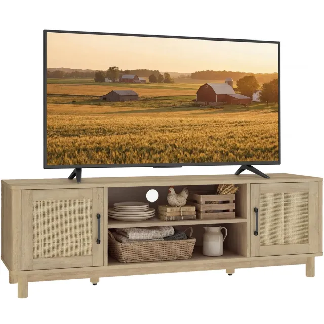 ECTEATOY TV-meubel 135 cm - TV-kast voor TV's tot 65 Inch - Met 2 Rotan Deuren en 2 Open Vakken - Eikenkleur