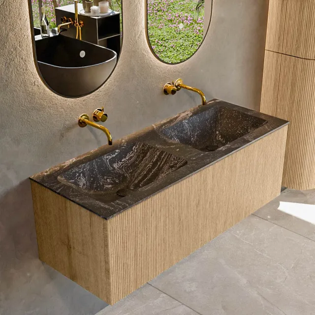 Mondiaz KURVE-DLUX 120 cm Onderkast Greeploos 1 Lade Zonder Deuren Oak, Wastafel Solid Surface Dubbel Lava 0 Kraangaten Zonder Spiegel (KRVLEA1201L0D0KD-Oak/Lav)