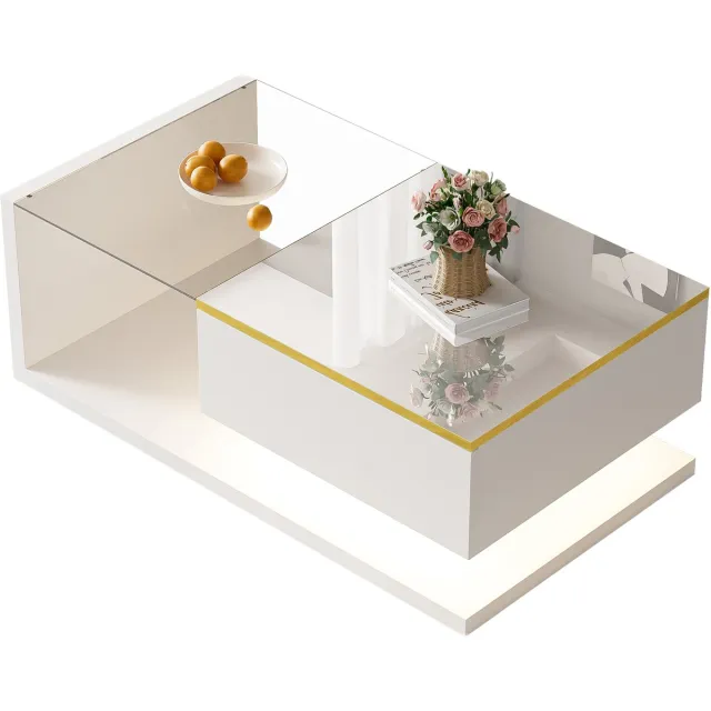 Clruro Salontafel - 90 cm - Glasplaat en LED Effect - Hoogglans Modern Design - Glas en MDF - Wit
