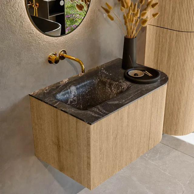 Mondiaz KURVE-DLUX 75 cm Onderkast Greeploos 1 Lade Met Deuren Oak, Wastafel Solid Surface Links Lava 0 Kraangaten Zonder Spiegel (KRVGRU75R1L1D0KL-Oak/Lav)
