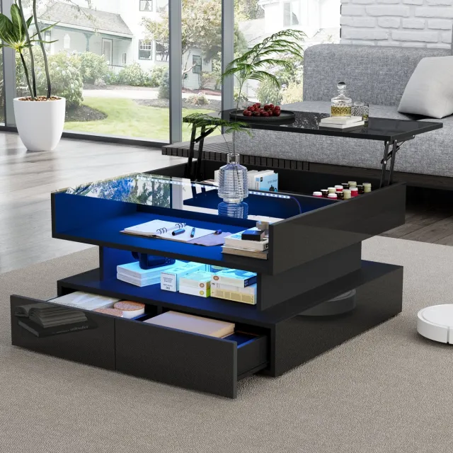 Wishdor Salontafel 80x80x45 cm van spaanplaat en gehard glas, zwart hoogglans hydraulisch verstelbaar met LED