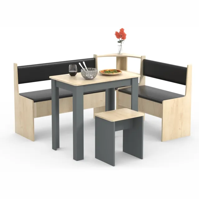 Vcm Hoekbankenset Eetkamerset Bank Tafel Krukken Esal Mini Eik antraciet / honing