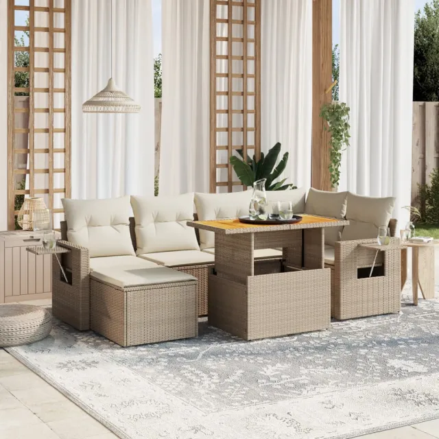 vidaXL 7-delige Loungeset met kussens poly rattan beige, foto 2