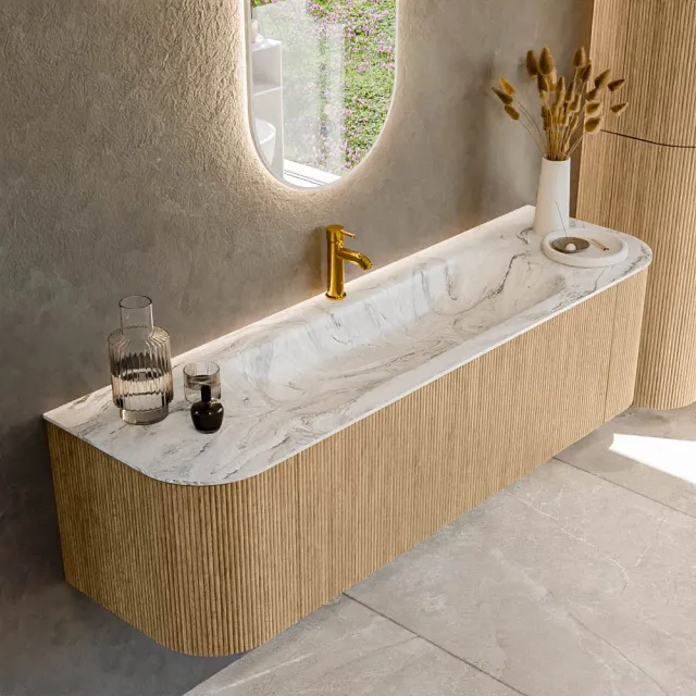 Mondiaz KURVE-DLUX 160 cm Onderkast Greeploos 1 Lade Met Deuren Oak, Wastafel Solid Surface Midden Glace 1 Kraangat Zonder Spiegel (KRVBGM160L+R1L2D1KM-Oak/Gla)