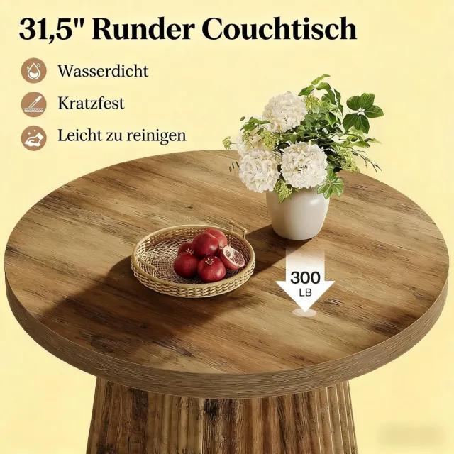 COVREO Salontafel 80 cm rond, bruin MDF met riffelzuil en 136 kg draagvermogen