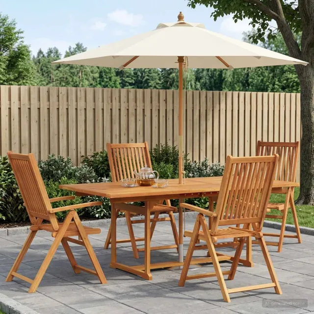 vidaXL Buiten Eetset met Parasol 6 st 4-zits Crème Wit en Natuurlijk