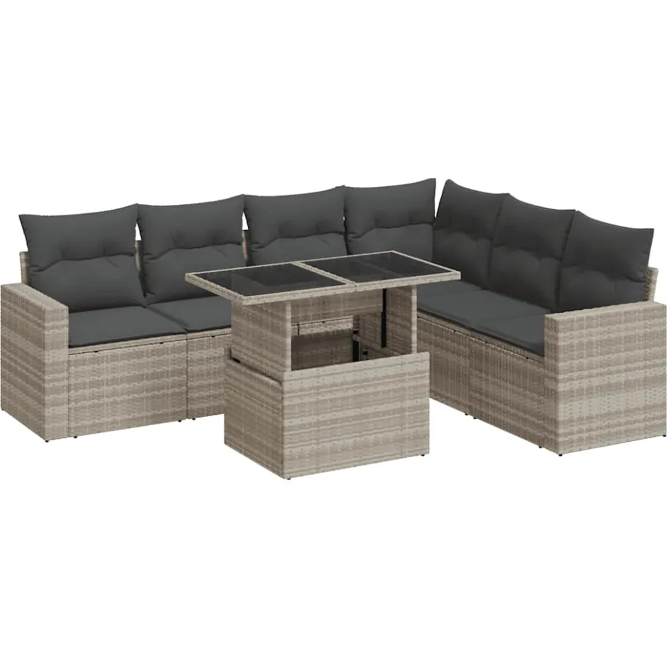 vidaXL 7-delige Loungeset met kussens poly rattan lichtgrijs grijs, foto 3