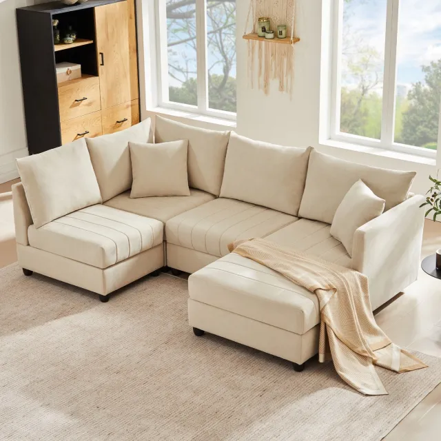 HAUSS SPOLE Hoekbank - Modulaire 5 Zits Met Verplaatsbare Hocker - U Vorm Of L Vorm Voor Woonkamer En Appartement - Katoen Linnen Beige
