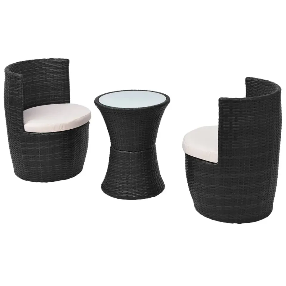 vidaXL 3-delige Bistroset met kussens poly rattan zwart