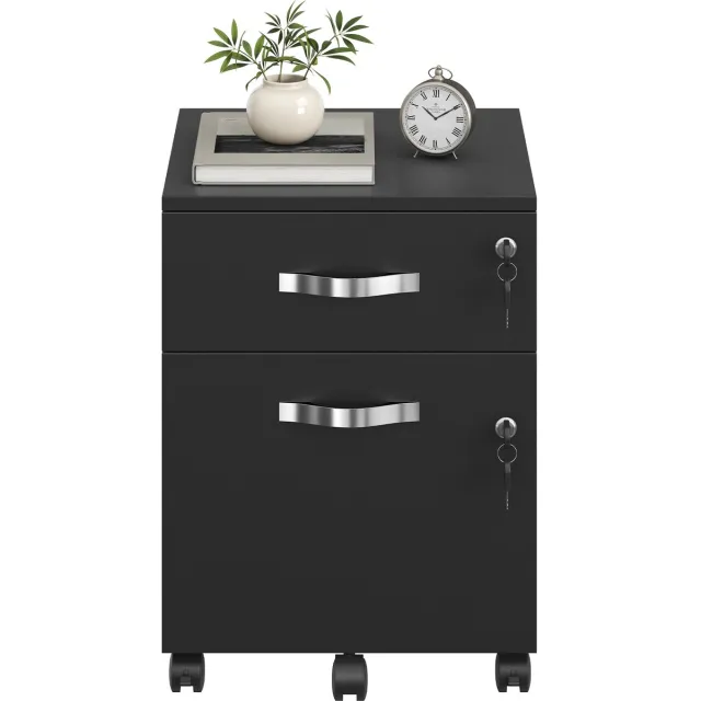 Vasagle Archiefkast - Rollcontainer met Slot - Archiefkast met 2 Lades - 5 Wielen Zwart