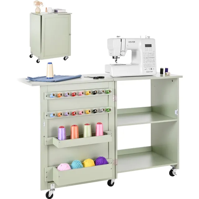 Vevor Opvouwbare Naaitafel, Naaimachinetafel met Compact Ontwerp, Opbergvakken, Houten Clips en Magnetisch deurslot, Multifunctionele Tafel voor Modestudio, Kunststudio en Thuis; Lichtgroen