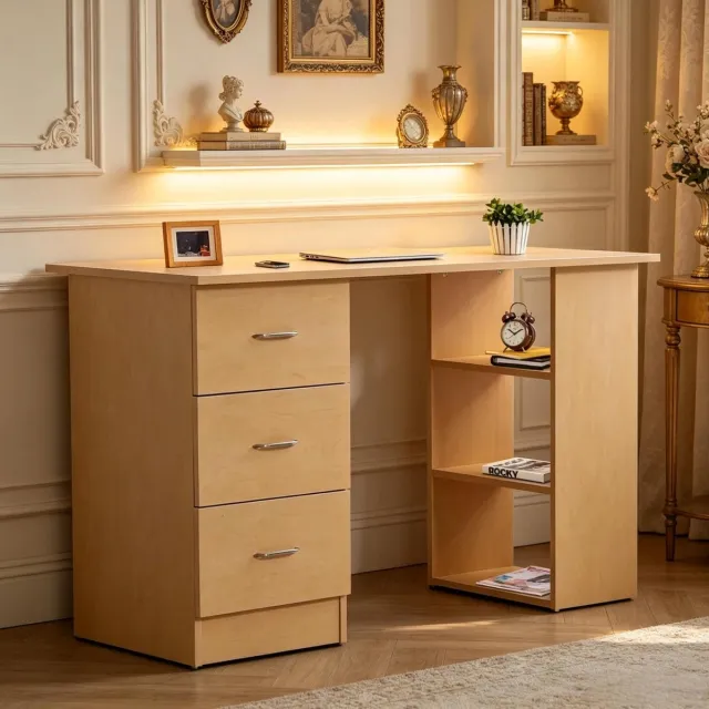 MODENUIT Bureau 120 x 49 x 72 cm - Drie Laden En Drie Open Vakken - Voor Thuiswerkplek - MDF Licht Hout