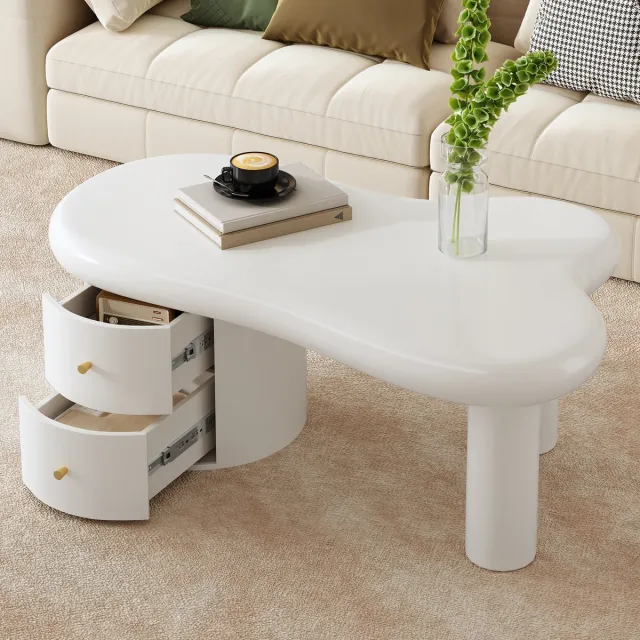 MIVRAY Salontafel - Organische Vorm Met 2 Laden - Voor Woonkamer En Dagelijks Gebruik - MDF - 97x64x42 Cm - Wit