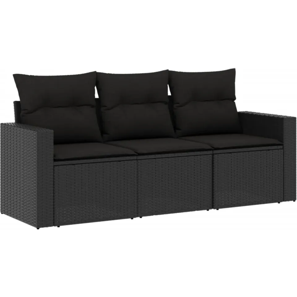 vidaXL 3-delige Loungeset met kussens poly rattan zwart, foto 3
