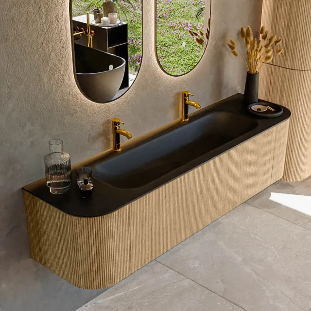Mondiaz KURVE 170 cm Onderkast Greeploos 1 Lade Met Deuren Oak, Wastafel Solid Surface Midden Urban 2 Kraangaten Zonder Spiegel (KRVBGL170L+R1L2D2KM-Oak/Urb)