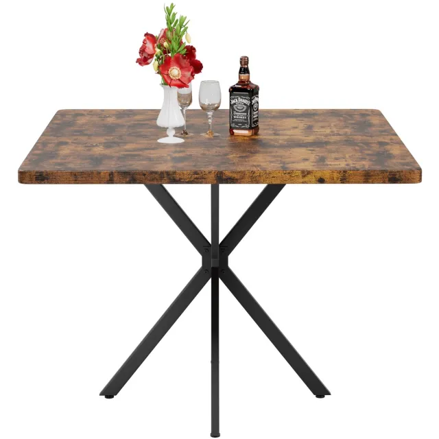 Merax Vierkante Eettafel 98 x 98 cm - Bruin - Metalen Kruisonderstel - Voor 4 Tot 6 Personen - Moderne Eettafel