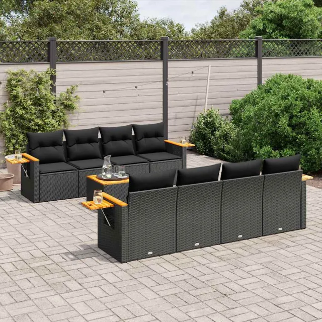 vidaXL 9-delige Loungeset met kussens poly rattan zwart, foto 2