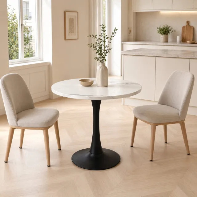 OKWISH Ronde Eettafel – 80 Cm – Voor 2-4 Personen – Compact Voor Keuken En Kantoor – MDF Met Marmerlook Wit Zwart