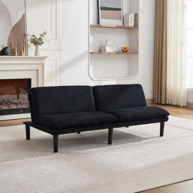 MEUNIQ 2-zits slaapbank 167 x 84 x 67 cm met verstelbare rugleuning, hout lattenframe, zwarte ribfluwelen look, zonder armleuningen, voor woonkamer en thuisbioscoop