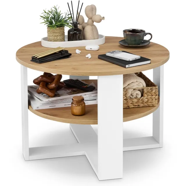 defiPad Ronde Salontafel - Industrieel - Groot Ø70 cm met Plank, Wit + Eiken Craft