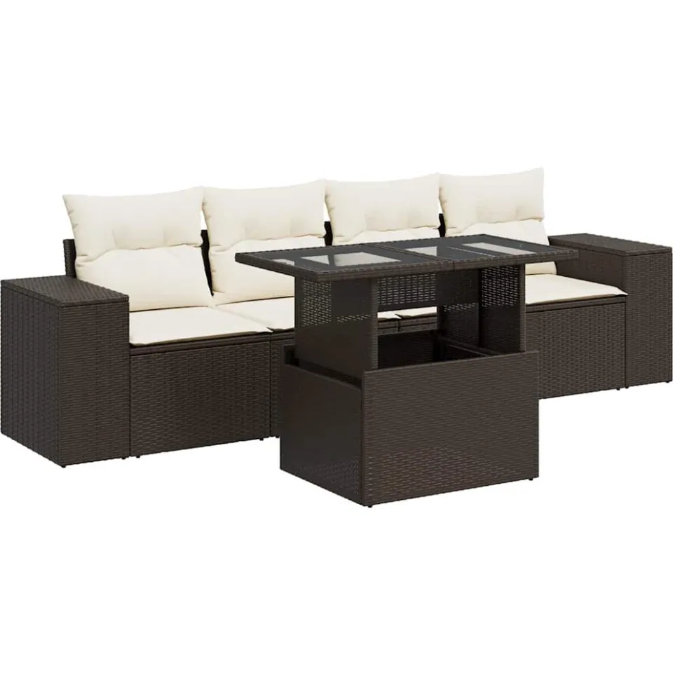 vidaXL 5-delige Loungeset met kussens poly rattan bruin