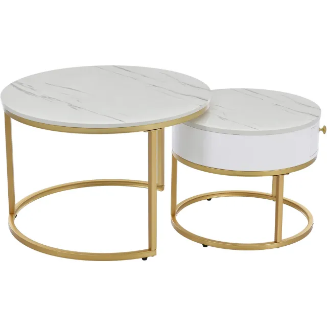 MUVANO Ronde Salontafel Set Van 2 - Hoogglans Marmer Look - Nesting Tafels - Moderne Bijzettafel - 70x70x48 cm - Ruimtebesparend - Woonkamer Wit