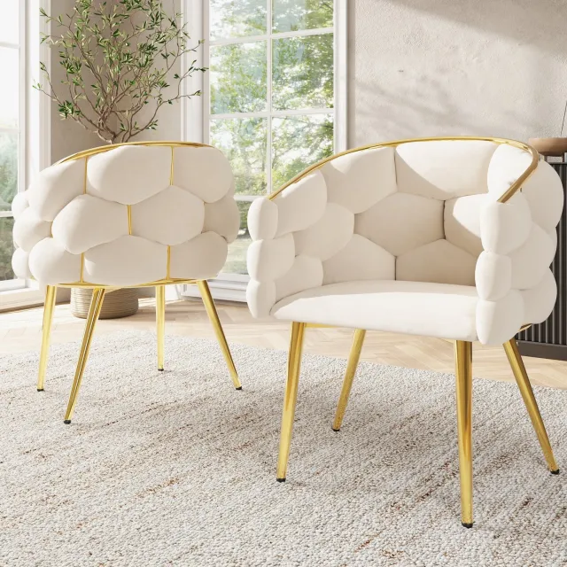 Maisentiel Eetkamerstoelen set van 2 – beige velvet – metalen poten – 44 x 41 x 74 cm