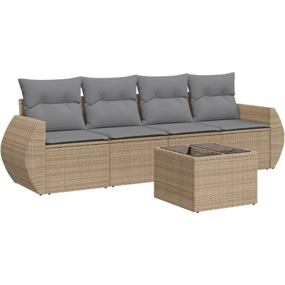 vidaXL 5-delige Loungeset met kussens poly rattan beige, foto 3