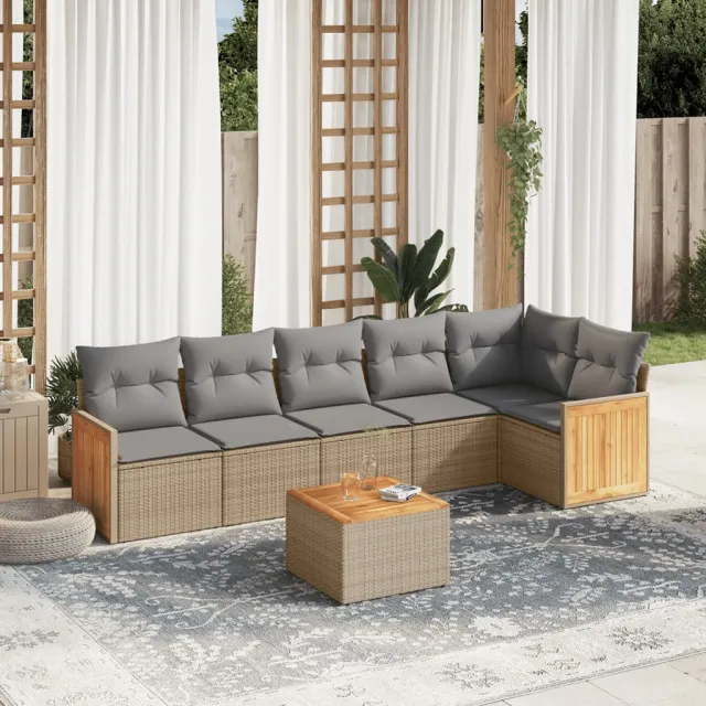 vidaXL 7-delige Loungeset met kussens poly rattan beige, foto 2