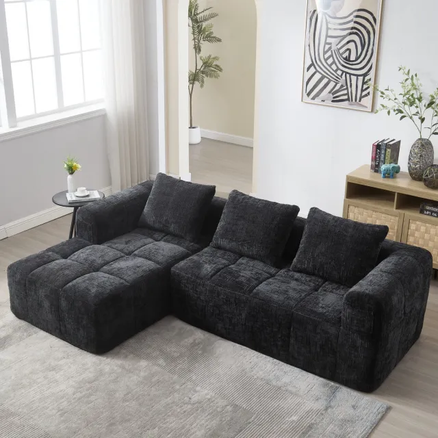 KOMHTOM BLACKCOLORS Moderne modulaire bank, L-bank, 3-zitsbank, geen montage nodig, chenille bank met chaise longue en armleuningen, 3 kussens, zijvak voor afstandsbediening, zwart