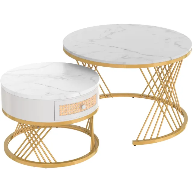 Merax Ronde Salontafelset 2-delig - 70 cm en 50 cm - Marmerlook - Lade met Rotanlook - Goudkleurig Metalen Onderstel - Wit en Goudkleurig