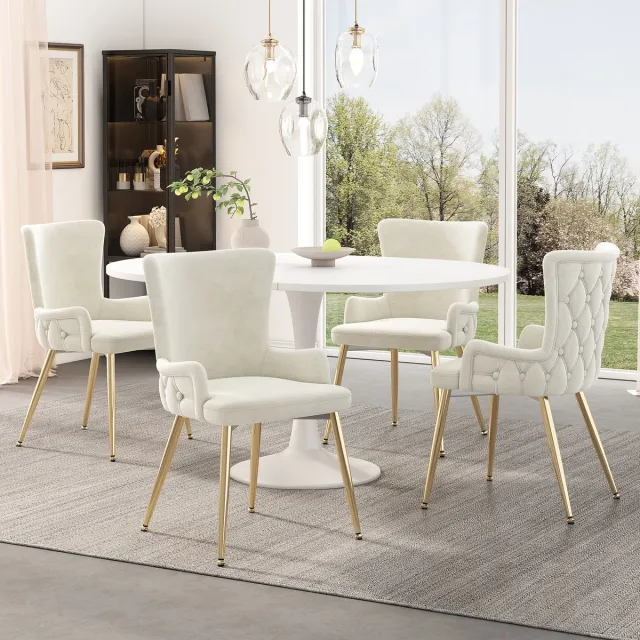 Welltin Eetkamerstoelen - Eetkamerstoel - set van 4 - Stoelenset - Eettafelstoel - Fluwelen eetkamerstoel, luxe loungestoel voor woonkamer/slaapkamer - beige