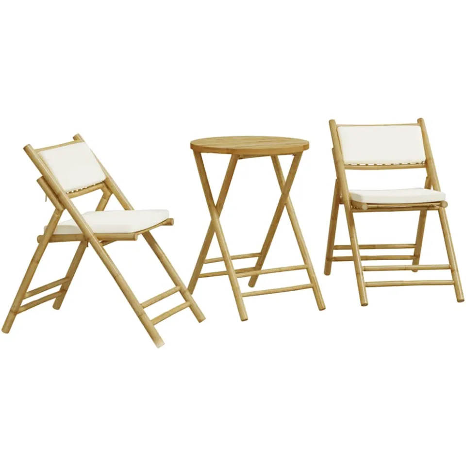 vidaXL 3-delige Bistroset inklapbaar met kussens bamboe crèmewit, foto 4