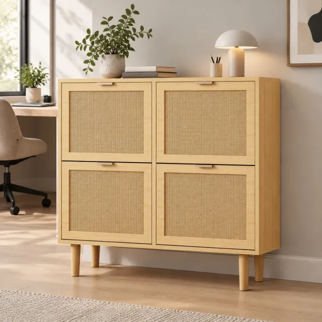 MEUNIQ Schoenenkast met 4 kleppen 100 x 25 x 90 cm, rattan deuren, verstelbare planken en opbergruimte voor hal of slaapkamer, licht eiken