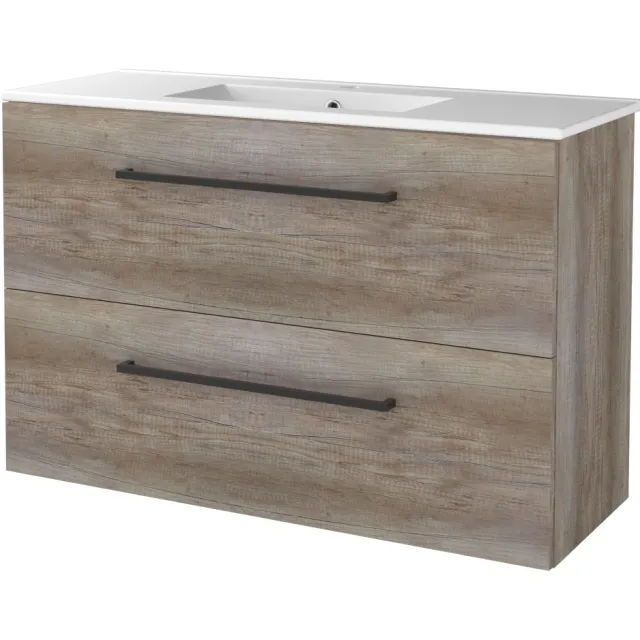 Boss & Wessing Badmeubelset BWS Salt 100x39cm Met Grepen 2 Lades Met Wastafel 1 Kraangat Scotch Oak Bruin