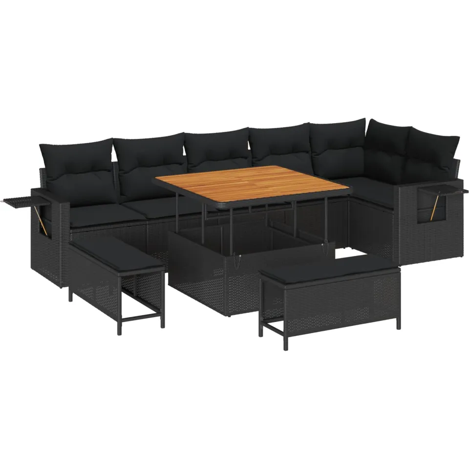 vidaXL Tuinbankenset 9 st Zwart poly rattan, foto 4