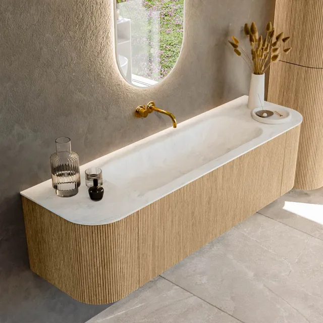 Mondiaz KURVE-DLUX 160 cm Onderkast Greeploos 1 Lade Met Deuren Oak, Wastafel Solid Surface Midden Opalo 0 Kraangaten Zonder Spiegel (KRVBGM160L+R1L2D0KM-Oak/Opa)