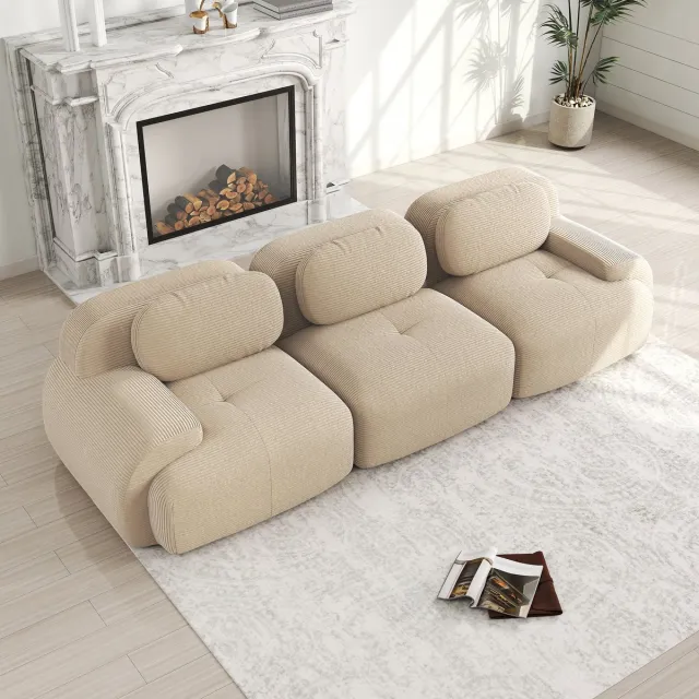 OKWISH Hoekbank 3-Zits - Modulair Te Combineren Zonder Montage - Antislip Onderzijde Voor Woonkamer Of Slaapkamer - Corduroy - Beige