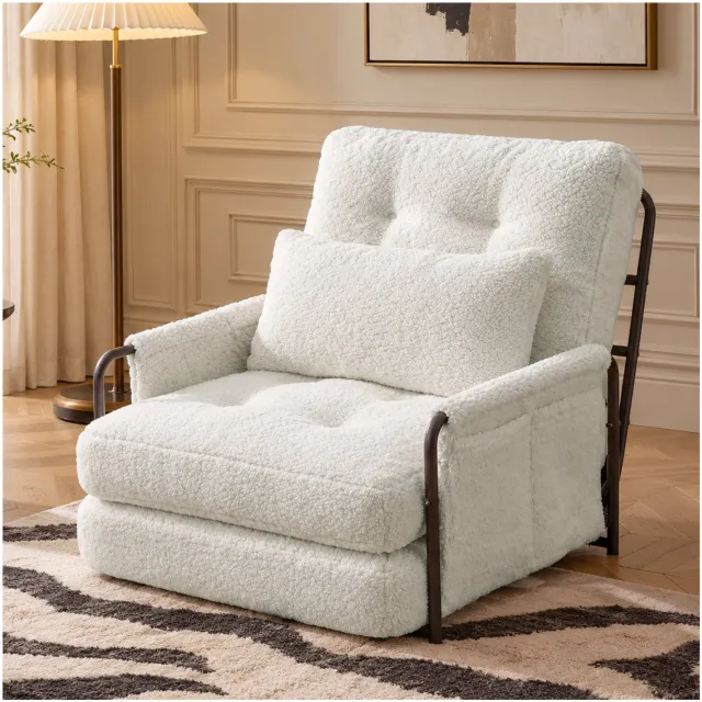 Wishdor Opvouwbare fauteuil en slaapstoel - Drie standen voor zitten liggen en slapen - Handmatig verstelbare rugleuning met armleuningen - Teddy stof en metalen frame - Beige Wit
