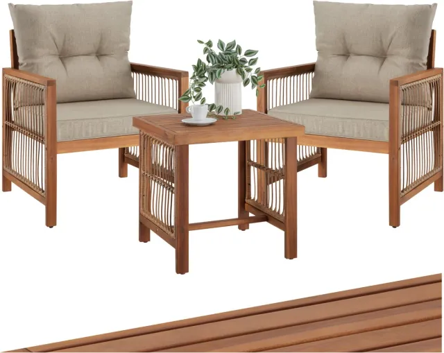 Tectake Loungeset Eivissa - Tuinset in Wicker Rope-Design - Tuinmeubelen Set met 2 Tuinstoelen van Hout en 1 Tuintafel - Inclusief XXL Kussens met Waterafstotende Hoezen - Weerbestendig - Bistroset voor Tuin, Balkon en Terras Bruin
