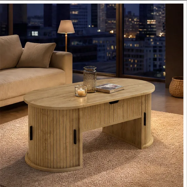 City long dragon LONG DRAGON - Salontafel - 100 cm eiken - hoogteverstelbaar blad, verborgen opbergruimte, open planken en schuifdeuren