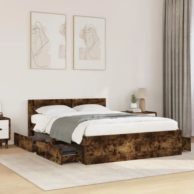 vidaXL Bedframe met hoofdeinde bewerkt hout gerookt eiken 120x190 cm