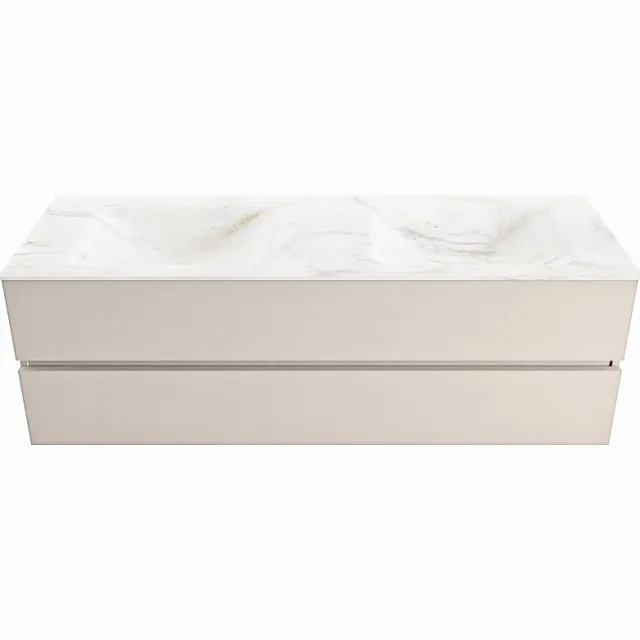 Mondiaz VICA-DLUX 150cm badmeubel onderkast Linen 2 lades. Inbouw wastafel CLOUD dubbel zonder kraangat, kleur Ostra.